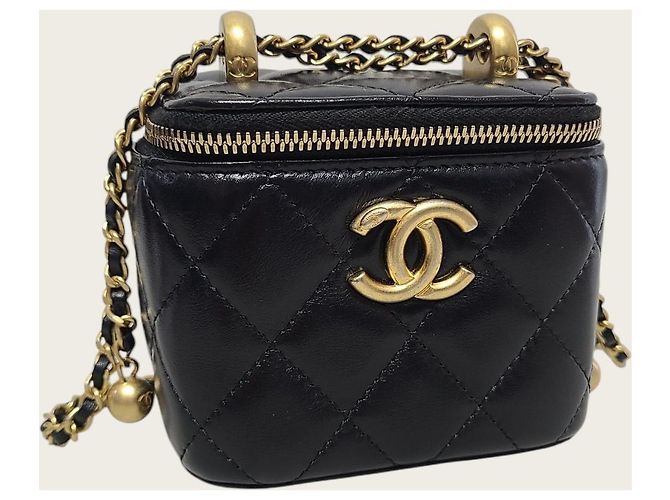 Vanity Chanel Beauty case piccolo in pelle nera e oro con catena Nero - vista 3