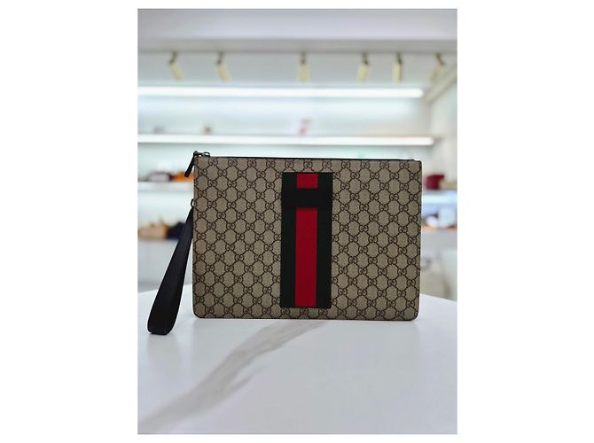 Gucci Borsa a Mano Supreme Canvas Web Strap Clutch Bag Marrone - vista 10