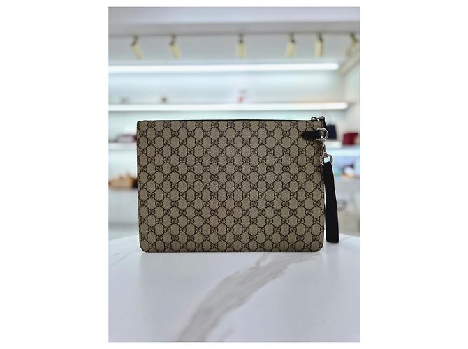 Gucci Borsa a Mano Supreme Canvas Web Strap Clutch Bag Marrone - vista 14