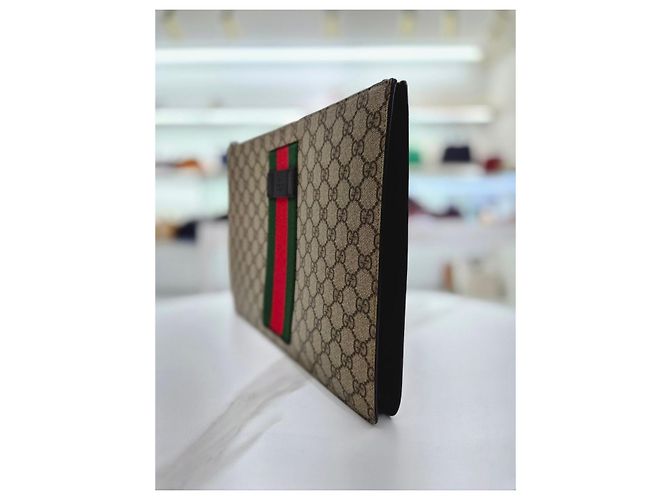 Gucci Borsa a Mano Supreme Canvas Web Strap Clutch Bag Marrone - vista 4