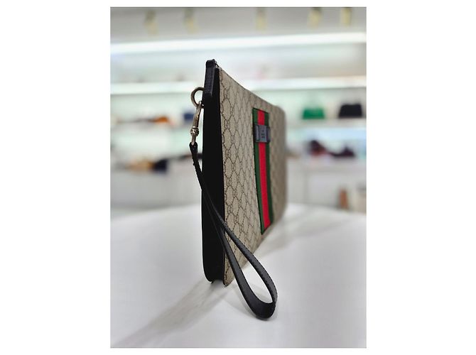 Gucci Borsa a Mano Supreme Canvas Web Strap Clutch Bag Marrone - vista 5