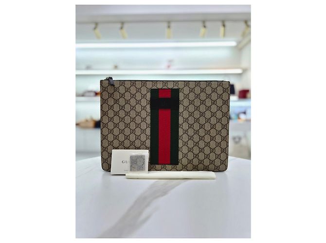 Gucci Borsa a Mano Supreme Canvas Web Strap Clutch Bag Marrone - vista 9