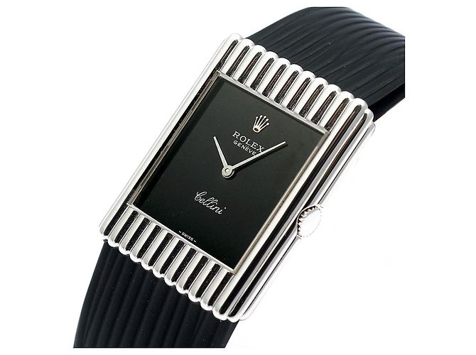 Rolex Rare Cellini Black Lacquer Dial White Gold Stripe Men's Unisex Leather Watch - view 10