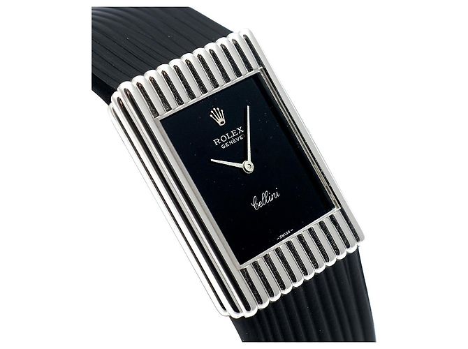 Rolex Rare Cellini Black Lacquer Dial White Gold Stripe Men's Unisex Leather Watch - view 11