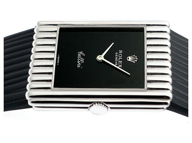 Rolex Rare Cellini Black Lacquer Dial White Gold Stripe Men's Unisex Leather Watch - view 12