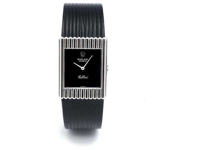 Rolex Rare Cellini Black Lacquer Dial White Gold Stripe Men's Unisex Leather Watch - view 14