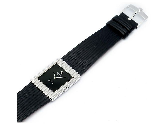 Rolex Rare Cellini Black Lacquer Dial White Gold Stripe Men's Unisex Leather Watch - view 16