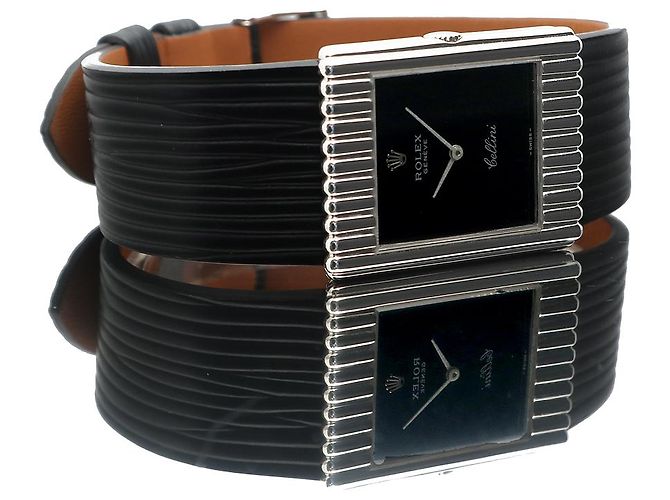 Rolex Rare Cellini Black Lacquer Dial White Gold Stripe Men's Unisex Leather Watch - view 18