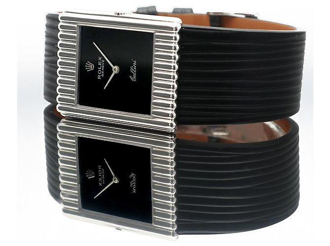 Rolex Rare Cellini Black Lacquer Dial White Gold Stripe Men's Unisex Leather Watch - view 19