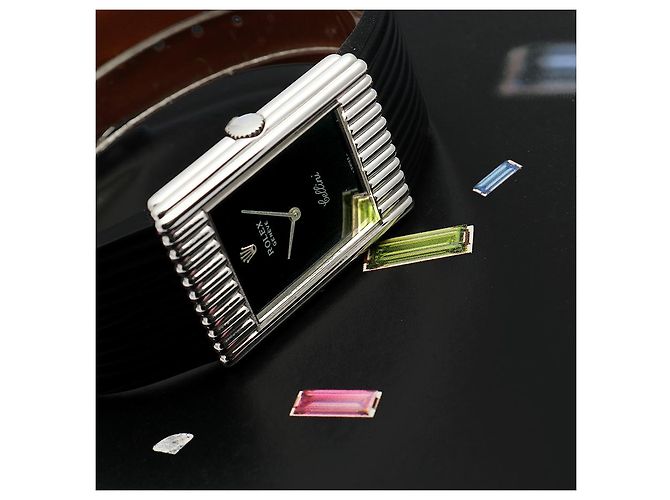 Rolex Rare Cellini Black Lacquer Dial White Gold Stripe Men's Unisex Leather Watch - view 2