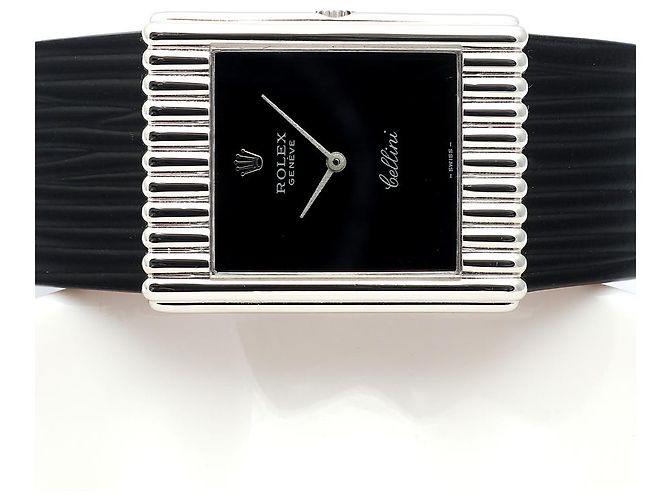 Rolex Rare Cellini Black Lacquer Dial White Gold Stripe Men's Unisex Leather Watch - view 21