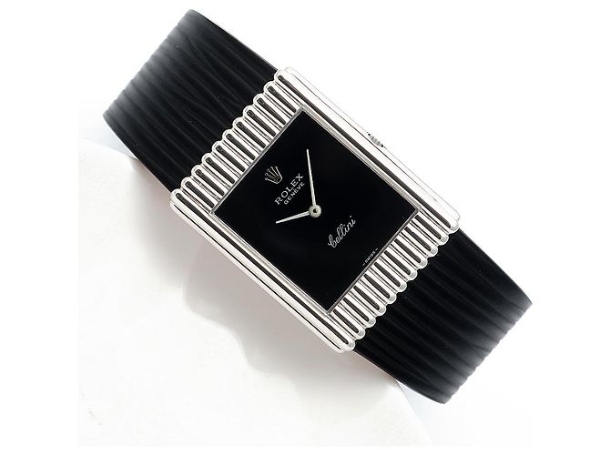Rolex Rare Cellini Black Lacquer Dial White Gold Stripe Men's Unisex Leather Watch - view 22
