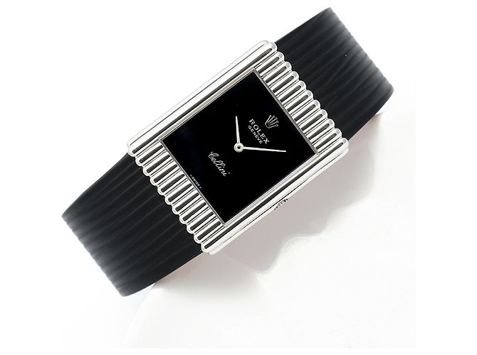 Rolex Rare Cellini Black Lacquer Dial White Gold Stripe Men's Unisex Leather Watch - view 23