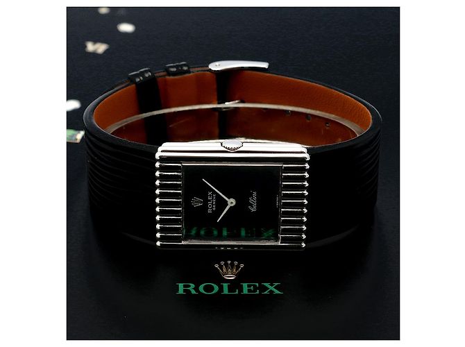 Rolex Rare Cellini Black Lacquer Dial White Gold Stripe Men's Unisex Leather Watch - view 24
