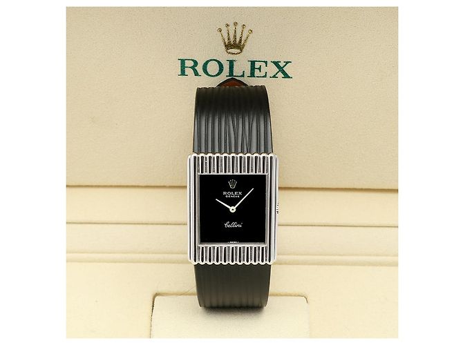 Rolex Rare Cellini Black Lacquer Dial White Gold Stripe Men's Unisex Leather Watch - view 25