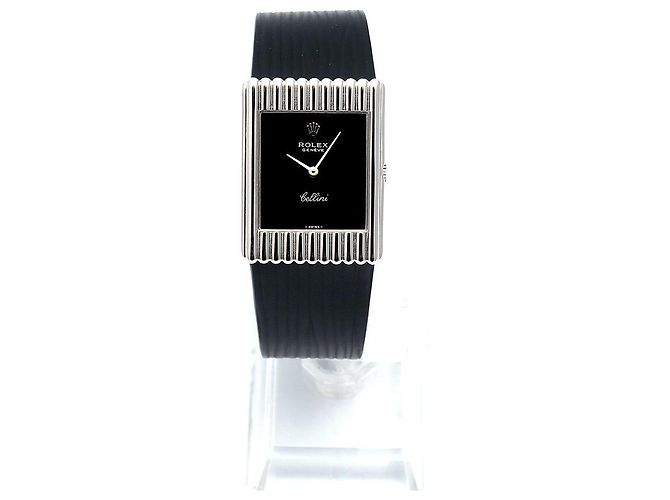 Rolex Rare Cellini Black Lacquer Dial White Gold Stripe Men's Unisex Leather Watch - view 3