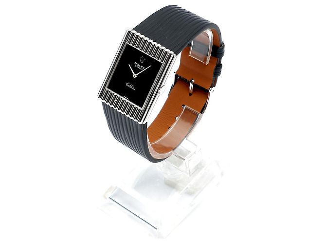 Rolex Rare Cellini Black Lacquer Dial White Gold Stripe Men's Unisex Leather Watch - view 4