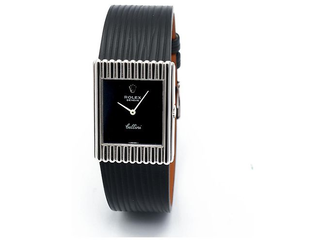 Rolex Rare Cellini Black Lacquer Dial White Gold Stripe Men's Unisex Leather Watch - view 8