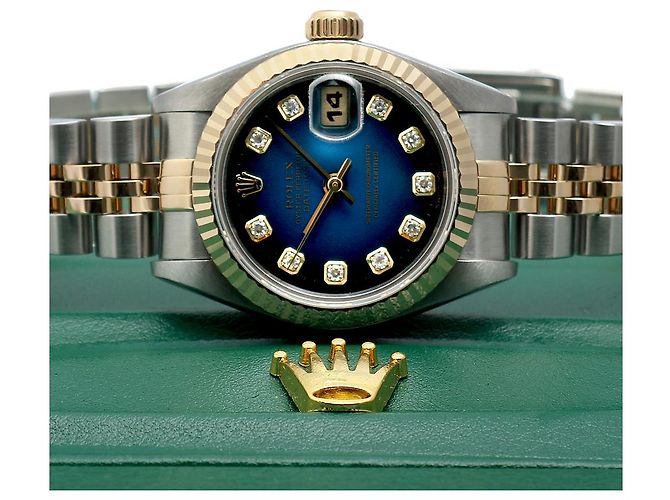 Rolex Orologio combinazione da donna Datejust con quadrante blu ombre originale e diamanti - vista 24