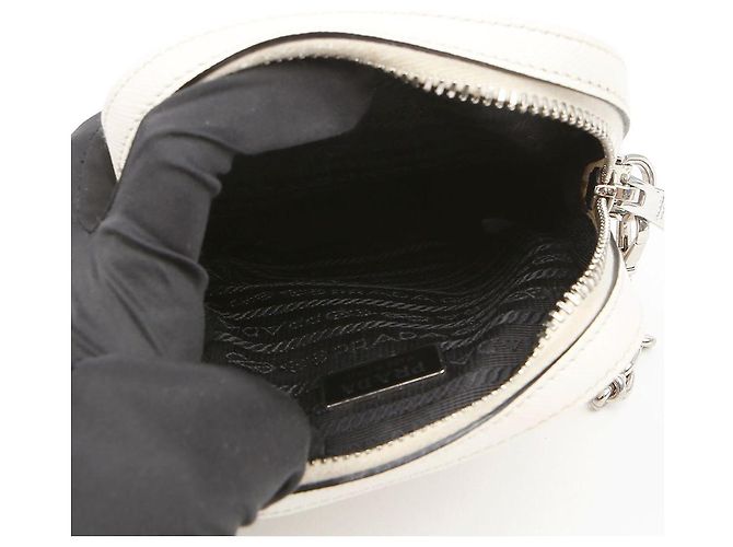 Prada Double Mini Bag in Pelle Saffiano con Logo Triangle Bianco - vista 13
