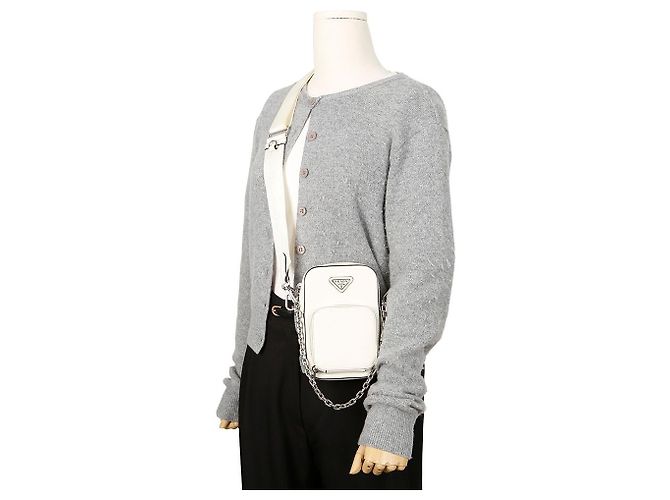 Prada Double Mini Bag in Pelle Saffiano con Logo Triangle Bianco - vista 14