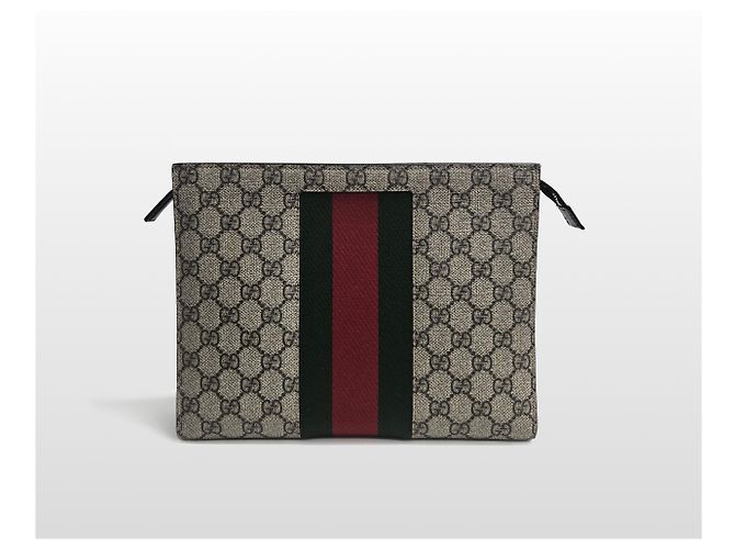 Gucci Clutch GG Supreme Canvas Web Beige Marrone - vista 2