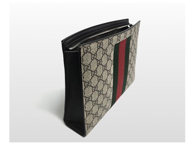 Gucci Clutch GG Supreme Canvas Web Beige Marrone - vista 4