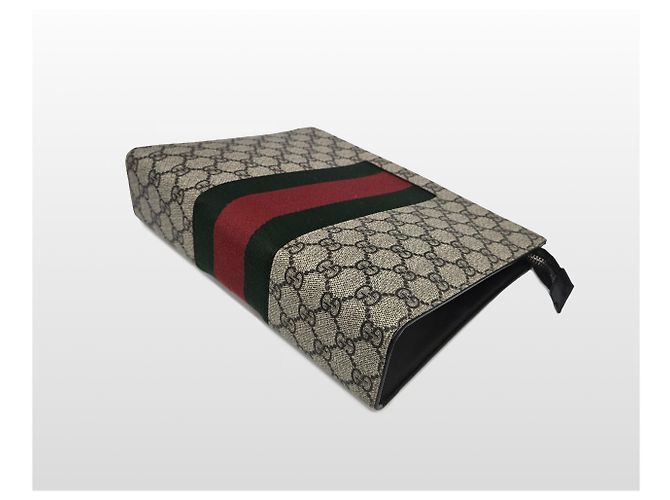 Gucci Clutch GG Supreme Canvas Web Beige Marrone - vista 5