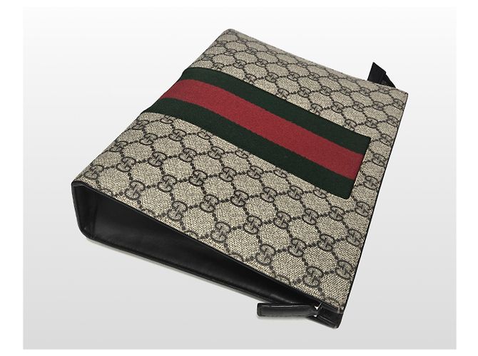 Gucci Clutch GG Supreme Canvas Web Beige Marrone - vista 9
