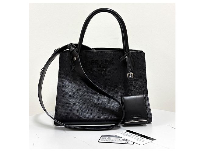 Prada Borsa Tote Saffiano Monochrome Borsa a Tracolla Nera Nero - vista 3