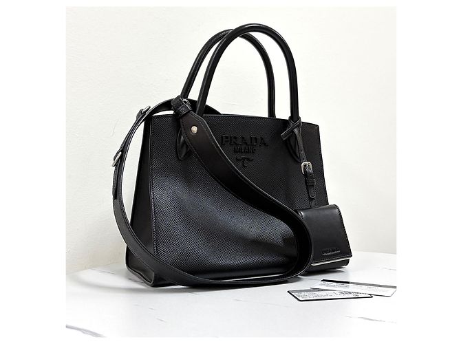 Prada Borsa Tote Saffiano Monochrome Borsa a Tracolla Nera Nero - vista 4