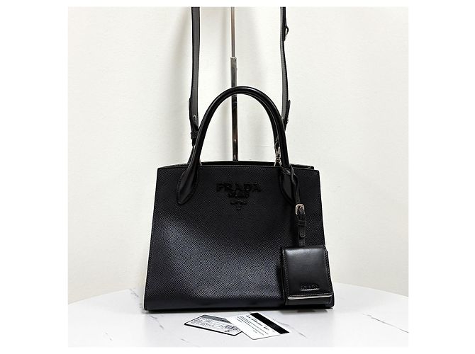 Prada Borsa Tote Saffiano Monochrome Borsa a Tracolla Nera Nero - vista 7