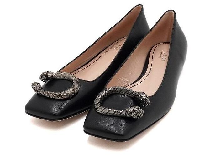 Gucci Ballerine Dionysus in pelle nera con logo argento Nero - vista 3