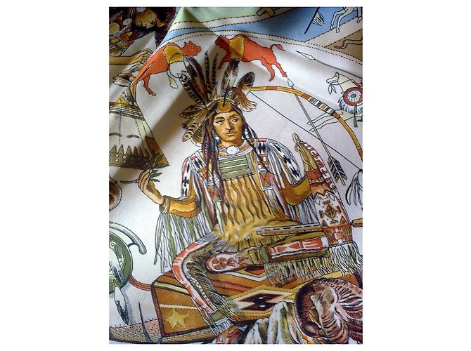 Foulard in seta Hermès "Mythologies des Hommes" Marrone Bianco Rosso Beige D'oro Verde Grigio Gold hardware - vista 4