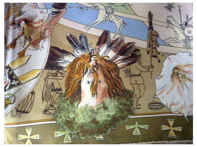Foulard in seta Hermès "Mythologies des Hommes" Marrone Bianco Rosso Beige D'oro Verde Grigio Gold hardware - vista 5