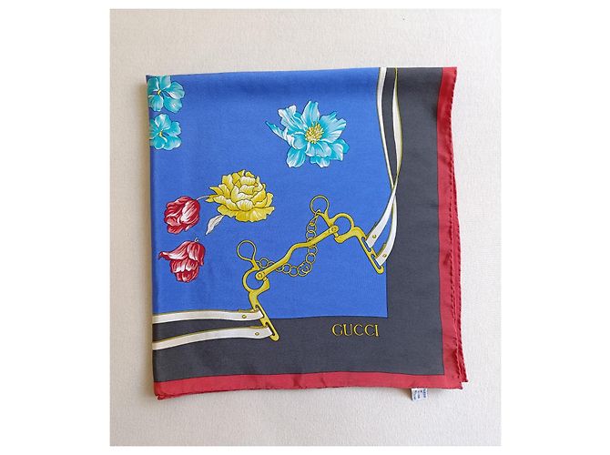 Foulard in seta Gucci motivo floreale e horsebit Bianco Rosso Blu Verde Grigio Giallo - vista 4