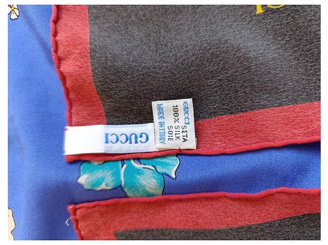 Foulard in seta Gucci motivo floreale e horsebit Bianco Rosso Blu Verde Grigio Giallo - vista 7