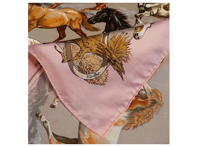 Hermès Seidentuch "Les Mustangs" Seidenschal Braun Pink Weiß Beige - Ansicht 3