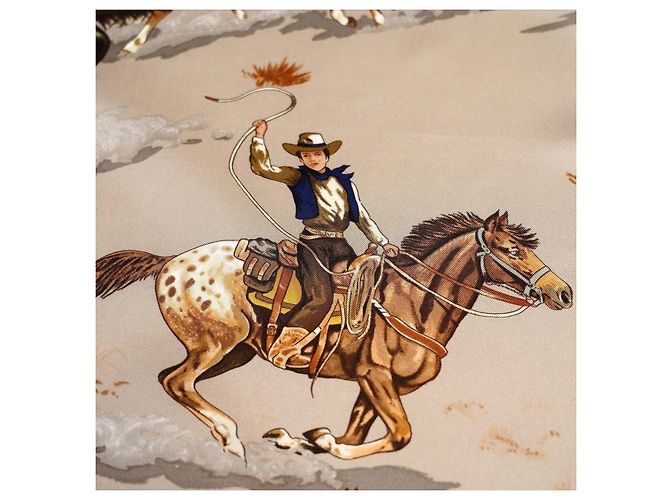 Hermès Seidentuch "Les Mustangs" Seidenschal Braun Pink Weiß Beige - Ansicht 5
