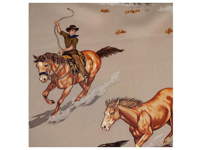 Hermès Seidentuch "Les Mustangs" Seidenschal Braun Pink Weiß Beige - Ansicht 6
