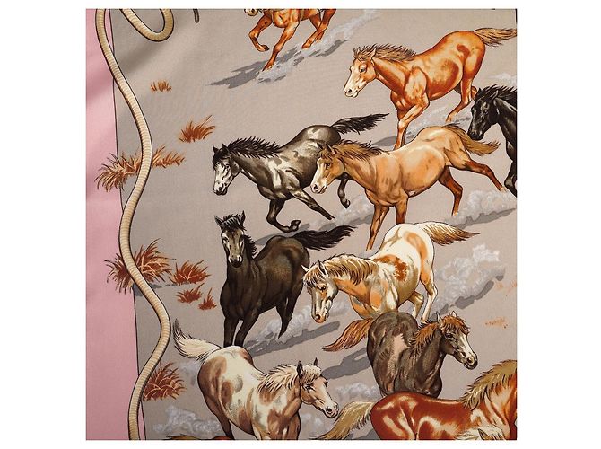 Hermès Seidentuch "Les Mustangs" Seidenschal Braun Pink Weiß Beige - Ansicht 7