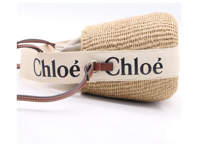 Borsa a tracolla Chloé Woody Small Basket in rafia e lino Marrone Beige - vista 10
