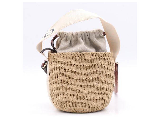 Borsa a tracolla Chloé Woody Small Basket in rafia e lino Marrone Beige - vista 2