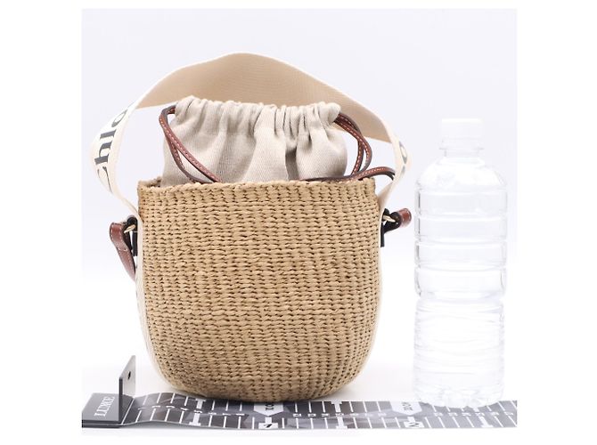 Borsa a tracolla Chloé Woody Small Basket in rafia e lino Marrone Beige - vista 3