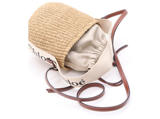 Borsa a tracolla Chloé Woody Small Basket in rafia e lino Marrone Beige - vista 5
