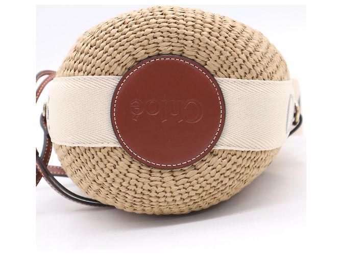 Borsa a tracolla Chloé Woody Small Basket in rafia e lino Marrone Beige - vista 8