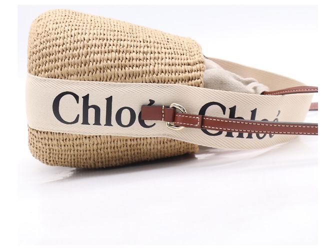 Borsa a tracolla Chloé Woody Small Basket in rafia e lino Marrone Beige - vista 9