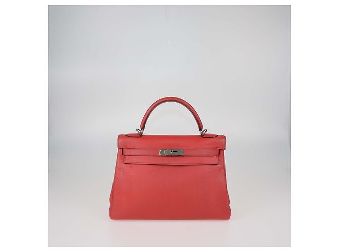 Hermès Borsa Hermes Kelly Returne 32 in pelle Clemence rossa con hardware in palladio Rosso - vista 2