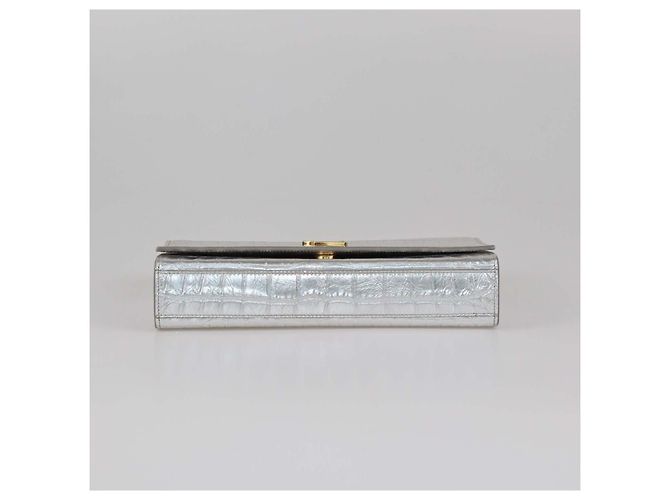 Borsa a spalla Medium Kate in pelle embossed effetto coccodrillo argento Saint Laurent - vista 4