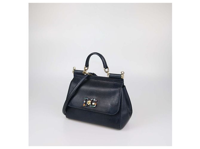 Sac à main Dolce & Gabbana Miss Sicily Medium en cuir embossé effet lézard noir avec cristaux DG Bleu - vue 2